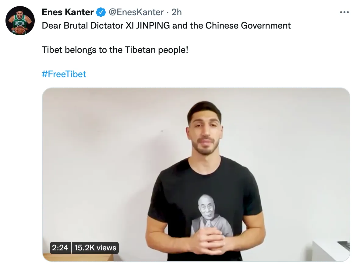 BREAKING: ENES KANTER ISSUES CALL FOR RIGHTS & FREEDOM IN TIBET; SENDS MESSAGE TO XI JINPING TO “FREE TIBET”